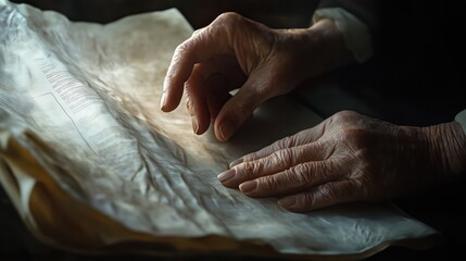 National Honesty Day. Hands gently unfolding a truth scroll, delicate shadows, intricate paper textures, Renaissance-inspired lighting