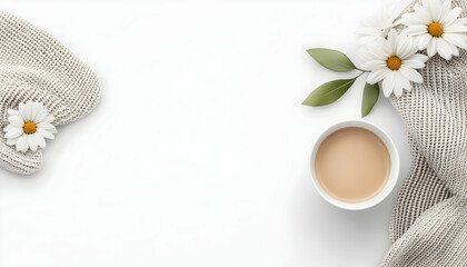 Cozy autumn scene coffee, knitted textile, daisies