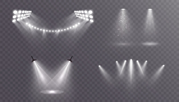 A set of realistic spotlights and stage lights on a transparent background. For shows, stages and digital projects with an emphasis on lighting.