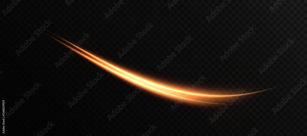 Poster orange gold light trail with neon effect bright glow on black background. curved line with bright ra