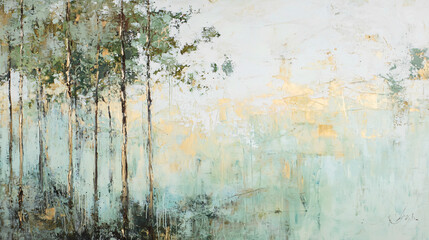 Captivating painting of trees in the woods illuminated by soft morning sunlight creating a peaceful and delicate natural abstraction.