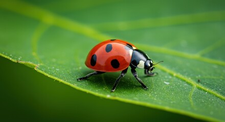 Obraz premium Close-up of a ladybug crawling on a green leaf in a vibrant natural setting