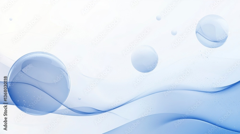 Poster abstract blue wave background with translucent spheres.