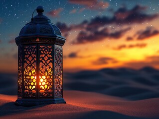  Ornate lantern glowing warmly in desert sand at sunset, under starry sky, symbolizing Ramadan or spiritual evening moments