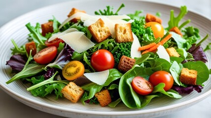 Fresh Salad with Vegetables Including Tomatoes, Cucumbers, and Leafy Greens