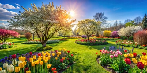 Spring Rural Garden, Colorful Flowers, Cut Trees