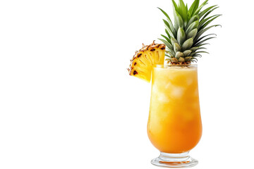 A refreshing pineapple cocktail, perfect for a tropical getaway, shimmering golden hues in a clear glass with ice.