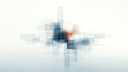 Abstract geometric design with translucent, overlapping rectangles in muted blue, gray, and orange hues