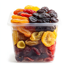 A Clear Plastic Container Filled with a Colorful Mix of Dried Fruits Including Golden Raisins, Dark Raisins, Dried Apricots, and Cranberries