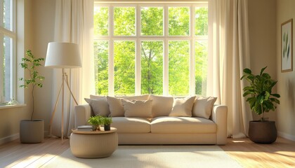 Sunny Living Room Interior Design with Beige Sofa and Large Window Relaxing Home Decor with Plants