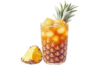 A refreshing pineapple iced tea, perfectly chilled and served in a pineapple-shaped glass, a summer treat against a clean white backdrop.