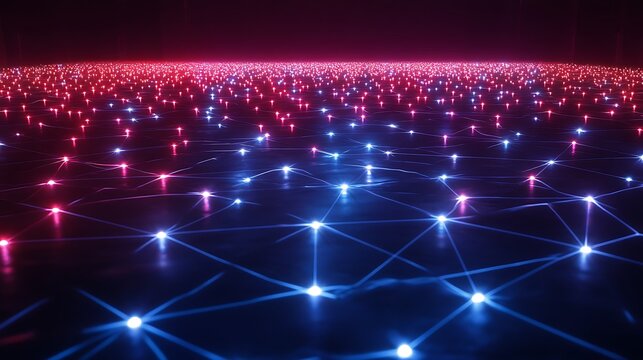 Abstract network connection, digital data flow, glowing nodes.