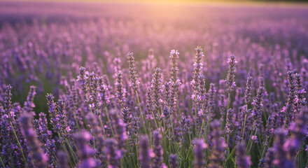 Naklejka premium A serene lavender field bathed in the golden light of sunset, a tranquil scene of purple blooms swaying gently in the warm evening breeze.