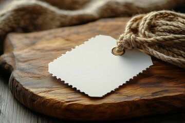 A blank white price tag mockup draped over the corner of a wooden cutting board, with a small loop of natural fiber rope. Soft lighting with subtle shadows.