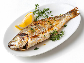 A whole baked fish seasoned with herbs is served on a white plate with a lemon wedge.