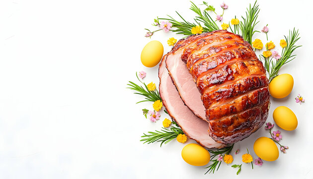 Glazed ham Easter centerpiece with yellow eggs and spring flowers