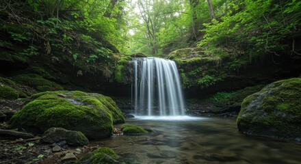 Obraz premium Serene waterfall cascading over moss-covered rocks in a lush green forest setting