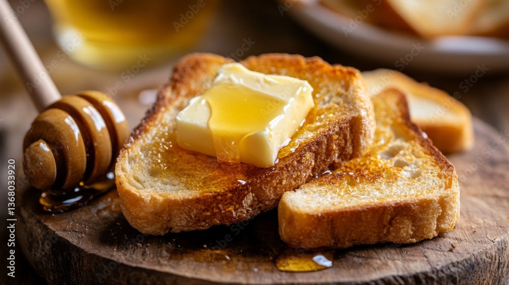 Poster a close-up of golden-brown toast with a crispy texture, spread with creamy butter and a drizzle of h