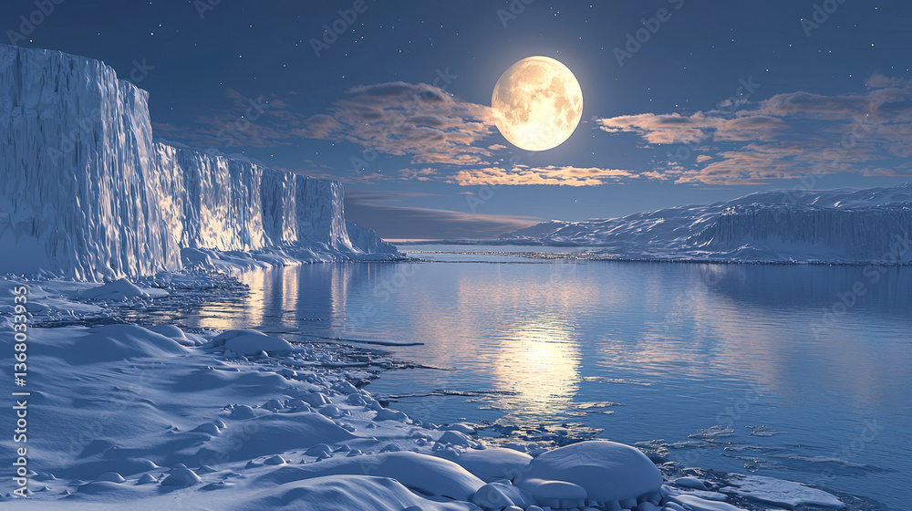 Aufkleber the tranquil glow of a full moon reflects on still waters, surrounded by snowy cliffs under a starry