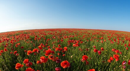Obraz premium Vibrant field of red poppies under a clear blue sky, showcasing nature's beauty