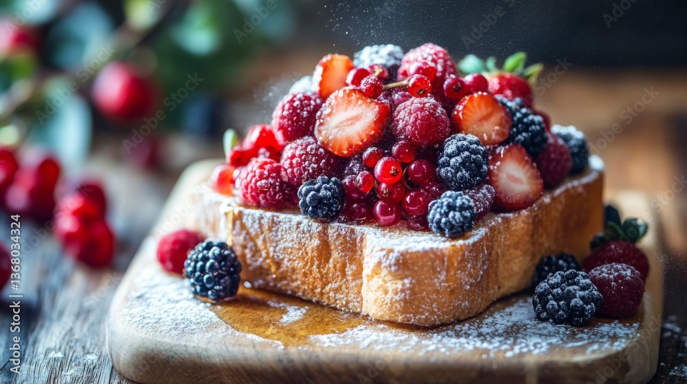 Poster A close-up of honey toast topped with a colorful assortment of berries and a dusting of powdered sugar, creating a vibrant and inviting dessert.