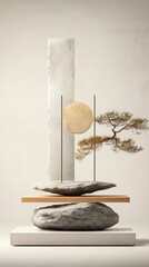 Minimalist zen stone and wood sculpture