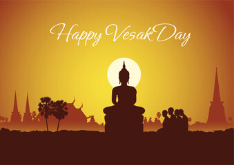 Happy Vesak Day Celebration Vector Illustration Featuring a Temple Silhouette, Lotus Flower, and Buddha s Meditation. Happy Vesak Day Celebration Vector Illustration Featuring a Temple Silhouette, Lot