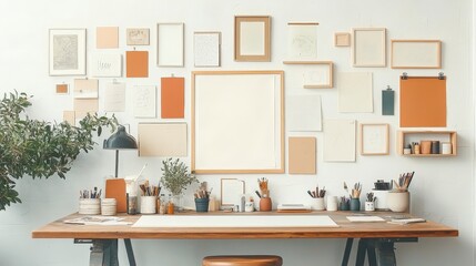 Artistic workspace featuring a minimalist wall with frames, plants, and a wooden table for creativity.