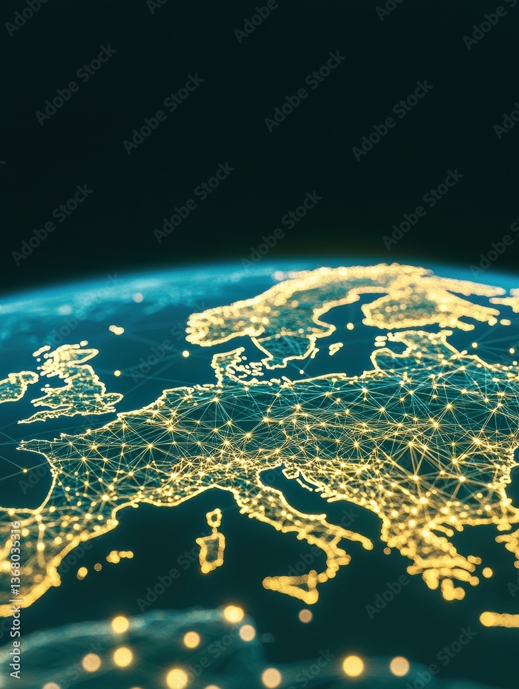 Poster Luminous European Network Visualization Geospatial Data Intelligence Mapping Interconnected Trade Routes with Futuristic Digital Cartography