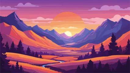 Gardinen A beautiful mountain landscape with a large orange sun in the sky. The mountains are covered in trees and the sun is setting, creating a warm and peaceful atmosphere © Digital Nomad
