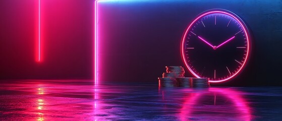 A neon clock with money against a gradient colored backdrop