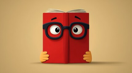 A cute red book character with glasses, looking curious