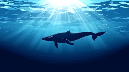 Fototapeta premium Majestic blue whale underwater with sunrays, an awe-inspiring scene for wildlife and ocean lovers.