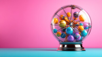 Colorful balls spin inside a clear lottery wheel on a pink and blue background