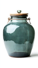 Vintage teal glass storage jar with wooden lid and wire handles providing ample copy space, isolated on a clean white background for versatile use