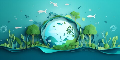 Simplified paper art design of the Earth with trees, water waves, and fish inside it. The planet