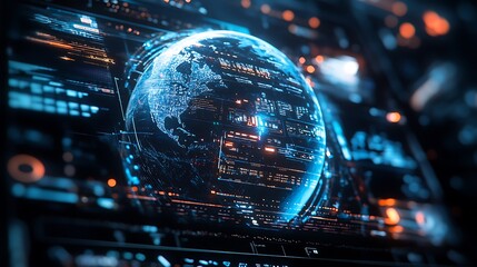 Digital globe on futuristic tech screen.