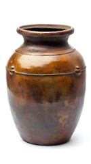 Vintage Dark Brown Ceramic Storage Jar with Bulbous Body and Decorative Knobs on White Background Ideal for Home Decor and Copy Space Design Ideas