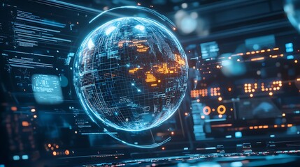 Digital globe with futuristic interface.