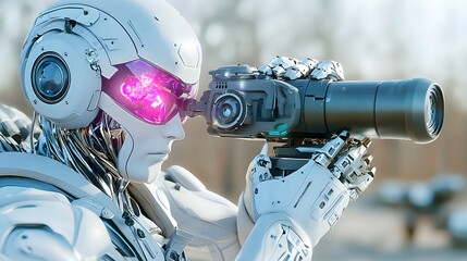 Fototapeta premium A robot is holding a camera and pointing it at something