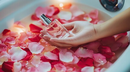 Female hand holding perfume bottle in rose petal filled bathtub