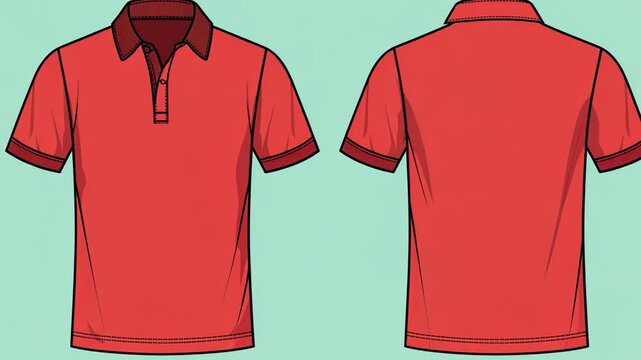Red Polo Shirt: Front and Back View: A classic red polo shirt is presented from both front and back angles, offering a complete view of its design and features, perfect for apparel design and fashion