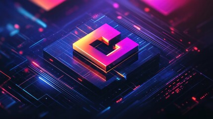 Obraz premium Glowing 3D cube logo on circuit board, digital background