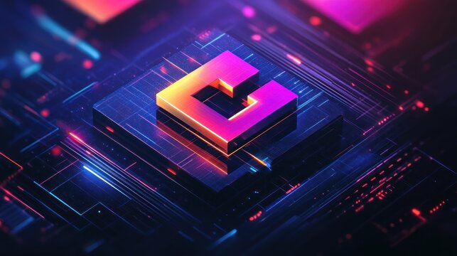 Glowing 3D cube logo on circuit board, digital background
