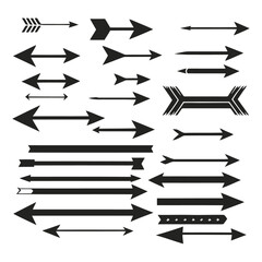 black and white vector silhouette of an abstract arrow set with artistic strokes, brush lines, and grunge effects on a white background