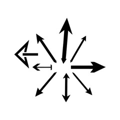 A black and white vector silhouette of a creative hand-drawn arrow set with swirls, curves, and pointed ends on a white background