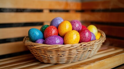 Easter sauna offer for spring spa and wellness, Easter eggs in a basket