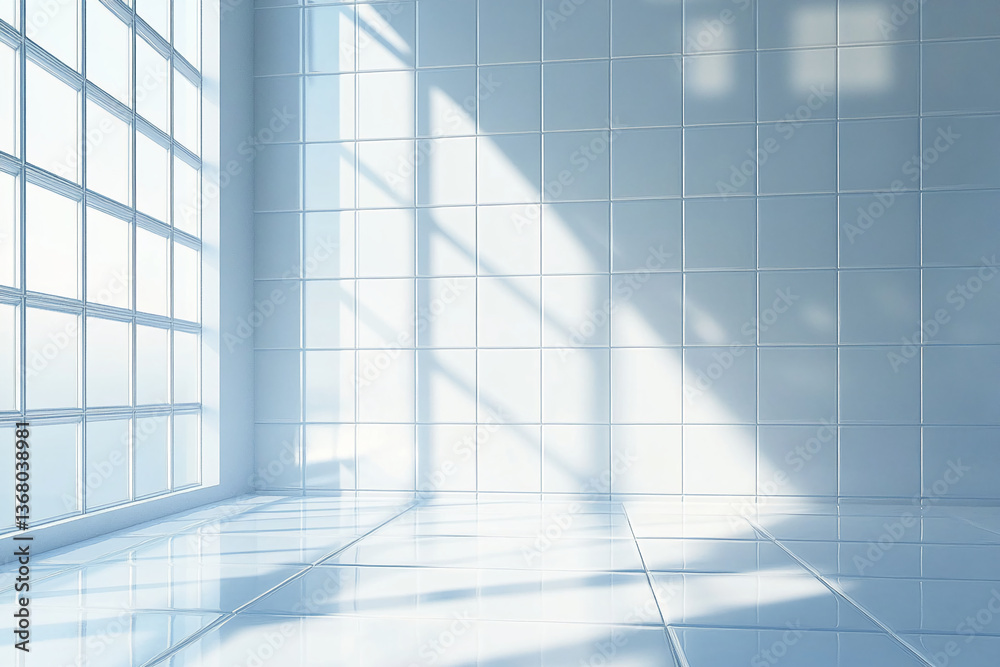Poster white tiled room with large window, sunlight casting shadows showcasing clean, minimalist design, id