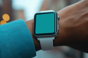 Digital smartwatch screen mockup with a blank light green display and a white strap, worn on a wrist with a blurred outdoor cityscape background. Dynamic and contemporary vibe.