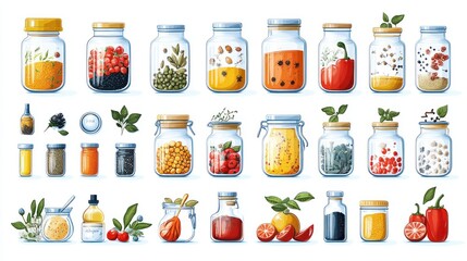 Colorful collection of glass jars filled with various spices, herbs, and fruits